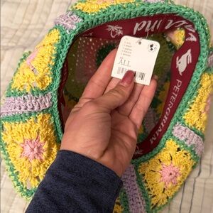 Peter Grimm Crochet Patchwork Bucket Hat in Green, Yellow, Pink & Lavender